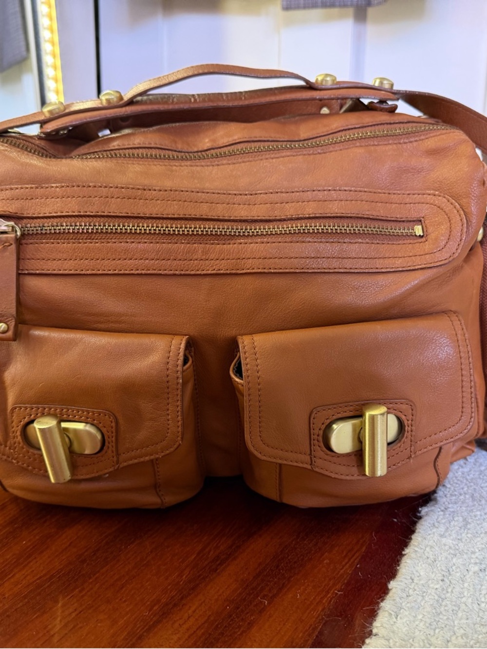Kenneth Cole cognac Leather Shoulder Bag with Gold Hardware